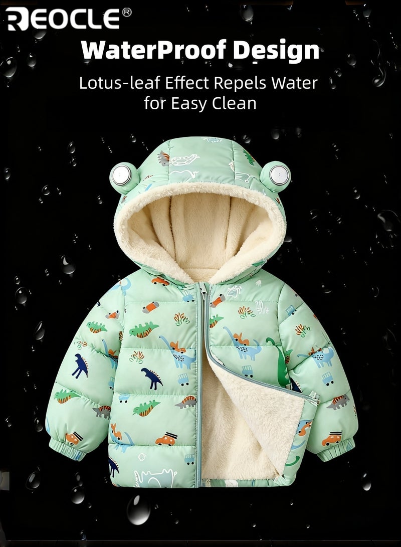 REOCLE Kid's Winter Coat with Dinosaur Ear Design and Thickened Warmth Boy Girl Padded Jacket with Plush Trim for Cold Weather Wear - Image 5