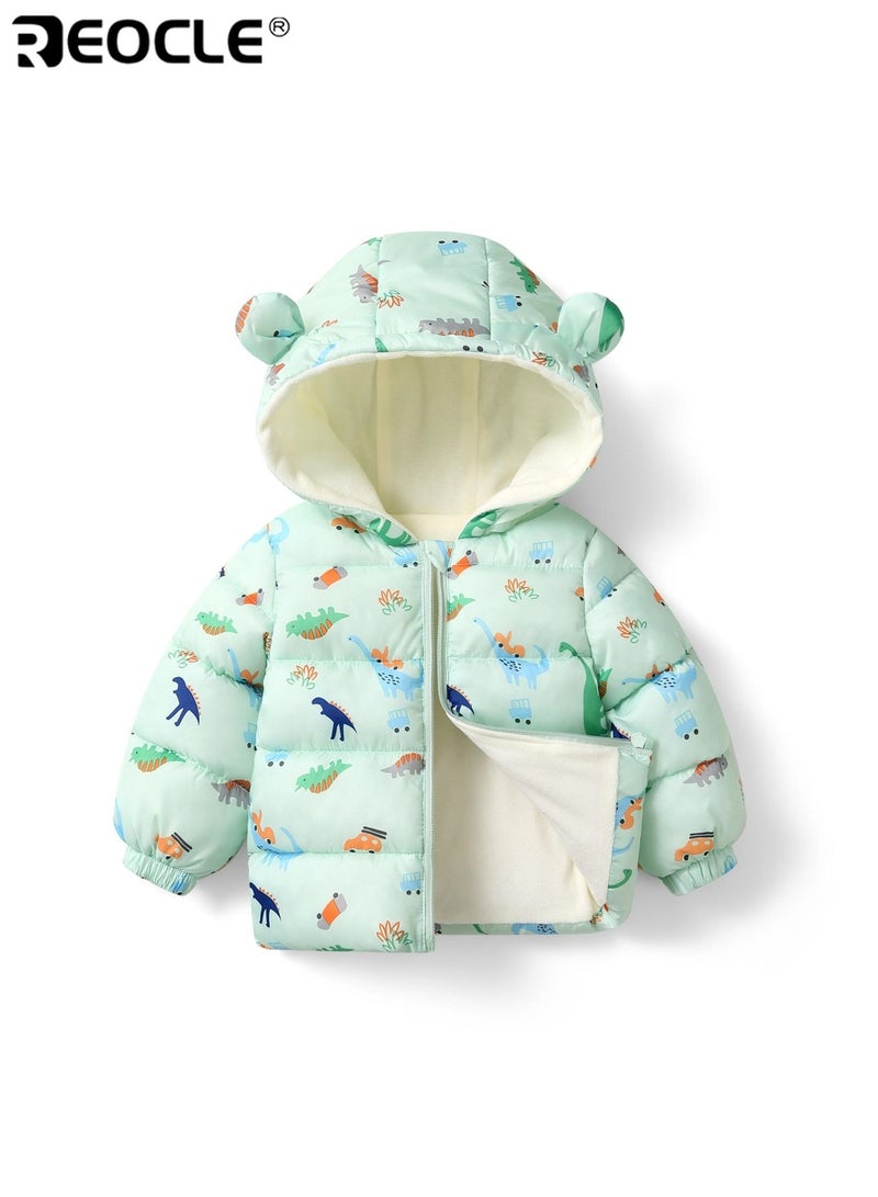 REOCLE Kid's Winter Coat with Dinosaur Ear Design and Thickened Warmth Boy Girl Padded Jacket with Plush Trim for Cold Weather Wear - Image 1