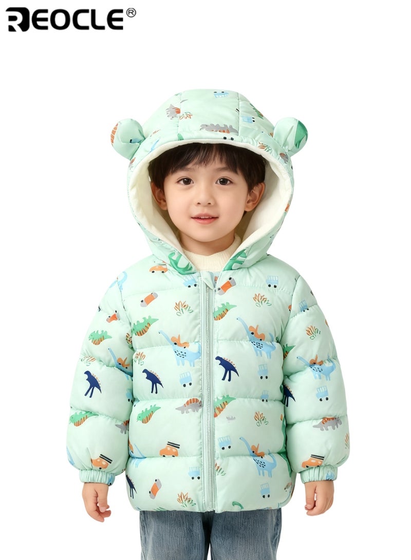 REOCLE Kid's Winter Coat with Dinosaur Ear Design and Thickened Warmth Boy Girl Padded Jacket with Plush Trim for Cold Weather Wear - Image 2