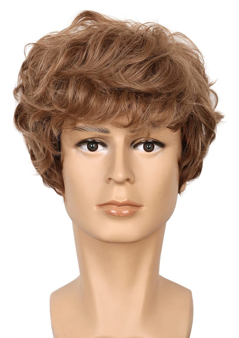 yuehong Short Curly Brown Mens Wig Anime Cosplay Wig Heat Resistant Synthetic Fibers Daily Party Costume Hair