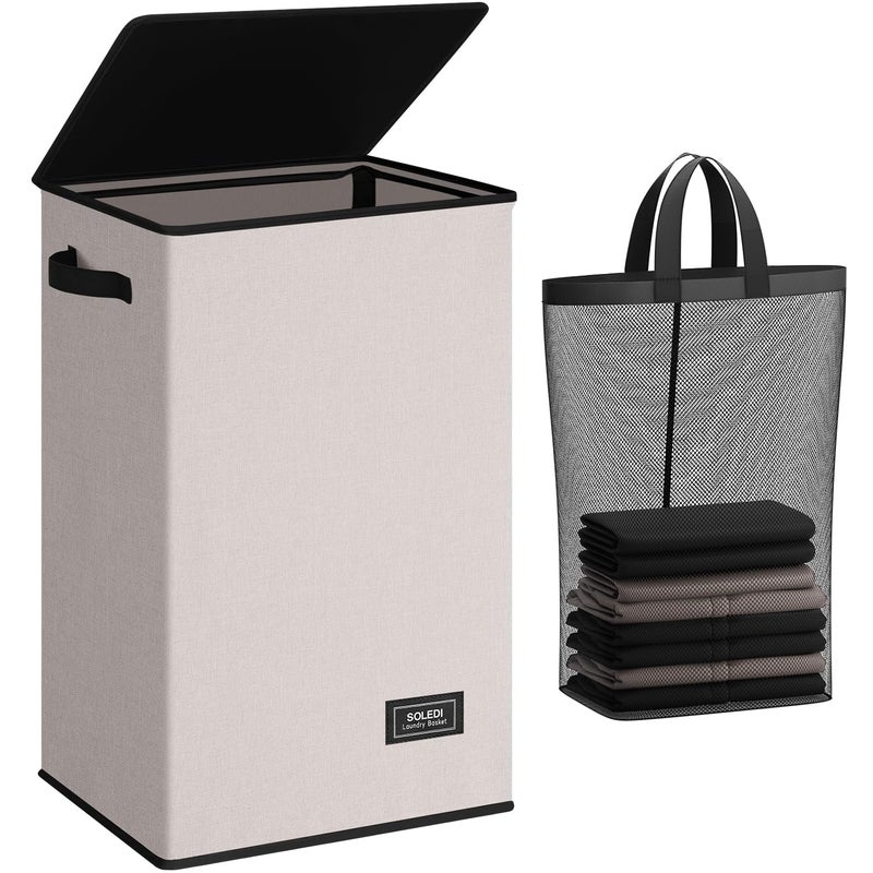 SOLEDI Laundry Hamper with Lid 90L Large Tall Collapsible Laundry Basket Clothes Hamper with Bag Removable Easy to Carry Dirty Hampers for Bedroom Bathroom Dorm College Light taupe - Image 2
