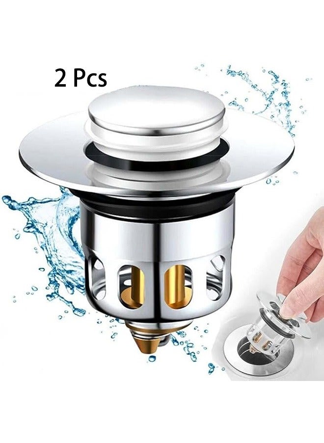 2 Pcs Bathroom Sink Drain Stopper, Universal Sink Stopper For 1.34"-1.45", Upgraded Pop Up Bathroom Sink Drain Strainer, Anti-Clogging Filter with Sink Hair Catcher (Sliver & Yellow)  - Image 1
