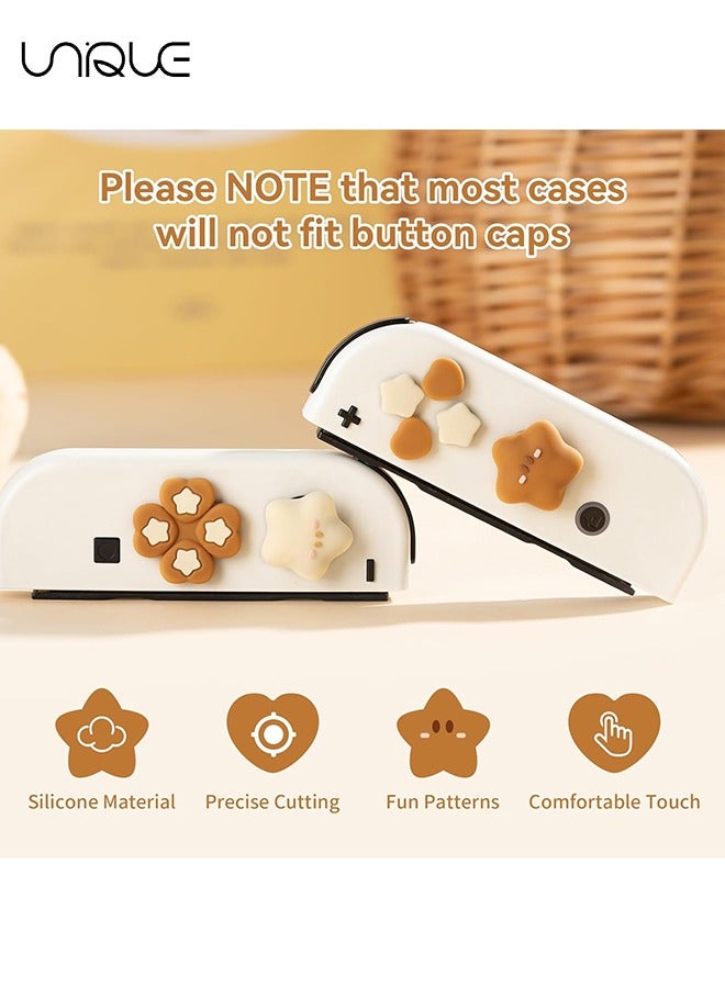 Unique 7 Piece Set Cross D-Pad Button Caps Thumb Grips Set - Compatible with Nintendo Switch/Switch OLED - Cute 3D Soft Silicone ABXY Buttons Sticker Joystick Cover Caps - Brown and Cream White Stars  - Image 3