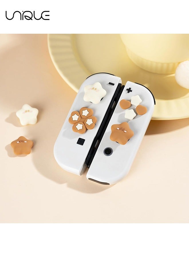 Unique 7 Piece Set Cross D-Pad Button Caps Thumb Grips Set - Compatible with Nintendo Switch/Switch OLED - Cute 3D Soft Silicone ABXY Buttons Sticker Joystick Cover Caps - Brown and Cream White Stars  - Image 4