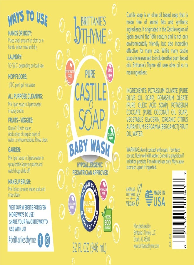 Brittanie's Thyme Brittanie’s Pure Castile Liquid Soap Refill, Baby, 32 Ounce Pack of 2 | Dish Soap, Hair & Body, Home, Gentle and Pure, Made with Natural Luxurious Oils, Vegan & Gluten Free Non-GMO - Image 2