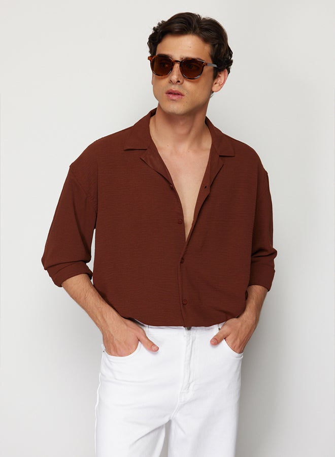 trendyol Brown Oversize Fit Open Collar Summer Linen Look Shirt TMNSS23GO00053 - Image 3
