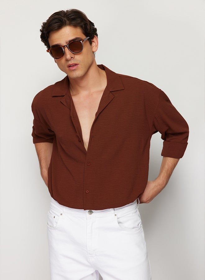 trendyol Brown Oversize Fit Open Collar Summer Linen Look Shirt TMNSS23GO00053 - Image 2