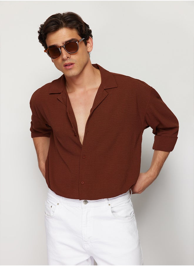 trendyol - Brown Oversize Fit Open Collar Summer Linen Look Shirt TMNSS23GO00053 - Image 1
