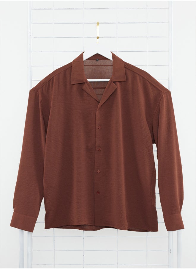 trendyol - Brown Oversize Fit Open Collar Summer Linen Look Shirt TMNSS23GO00053 - Image 1