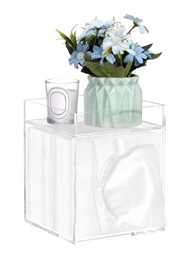 TPGP Tissue Box Cover, Acylic Tissue Box Cover with Storage Tray Square Tissue Box Covers Holder for Bathroom, Bedroom, Dinner Table, Office, Tabletop 6" x 6" x 7.4" - Image 1