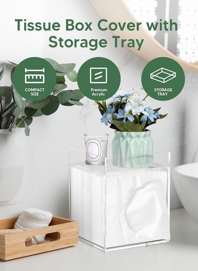 TPGP Tissue Box Cover, Acylic Tissue Box Cover with Storage Tray Square Tissue Box Covers Holder for Bathroom, Bedroom, Dinner Table, Office, Tabletop 6" x 6" x 7.4" - Image 3
