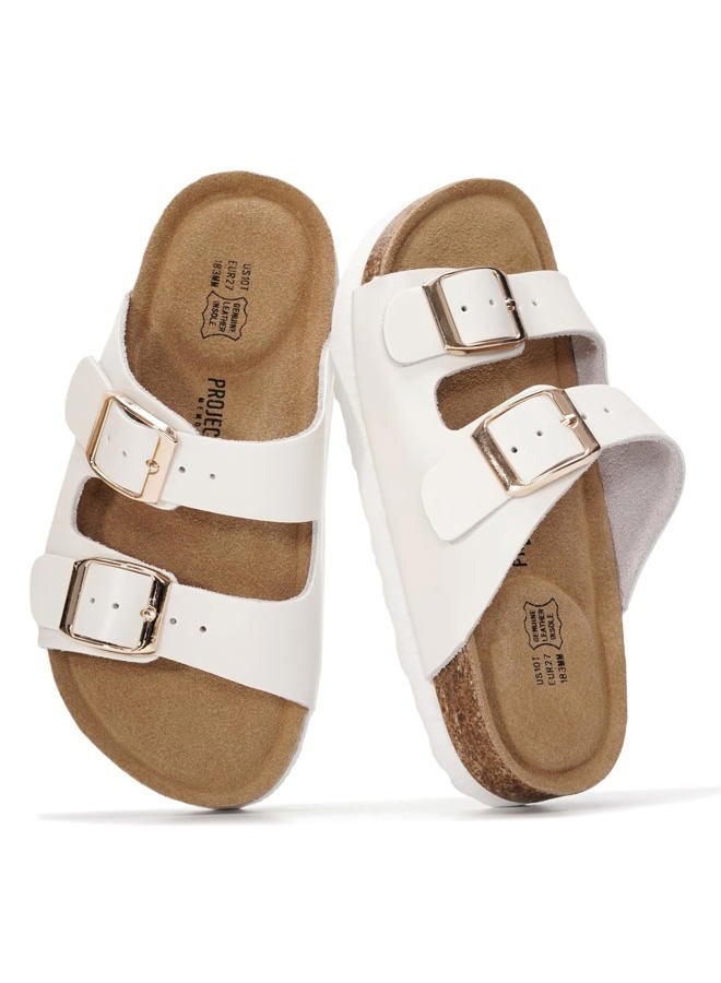 Project Cloud Genuine Leather Slides For Kids - Natural Cork Footbed Slides for Kids Sandals for Girls & Boys - Non-Slip Boys & Girls Sandals, Pearl White Leather, 5 Big Kid - Image 1