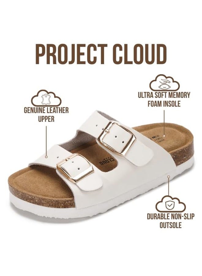 Project Cloud Genuine Leather Slides For Kids - Natural Cork Footbed Slides for Kids Sandals for Girls & Boys - Non-Slip Boys & Girls Sandals, Pearl White Leather, 5 Big Kid - Image 4