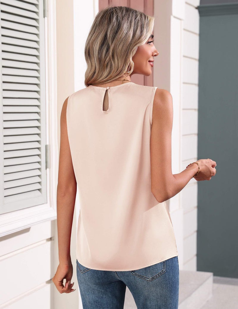 Zeagoo Silk Satin Tank Tops for Women Round Neck Casual Cami Sleeveless Camisole Tops Summer Basic Shirt Work Blouses Khaki - Image 2