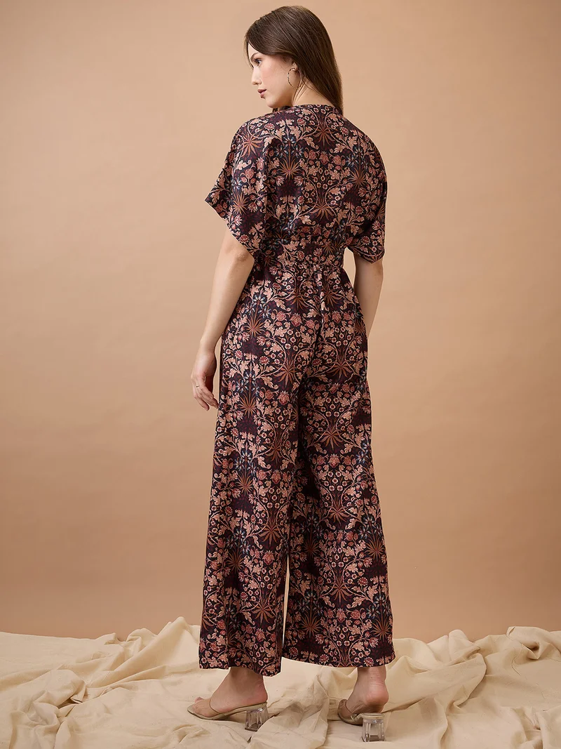 globus Women Floral Print With V Cut Kimono Sleeves Waist Tie-Up Longline Fusion Jumpsuit
