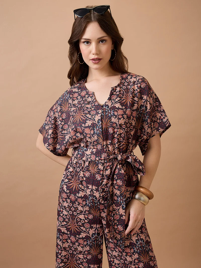 globus Women Floral Print With V Cut Kimono Sleeves Waist Tie-Up Longline Fusion Jumpsuit