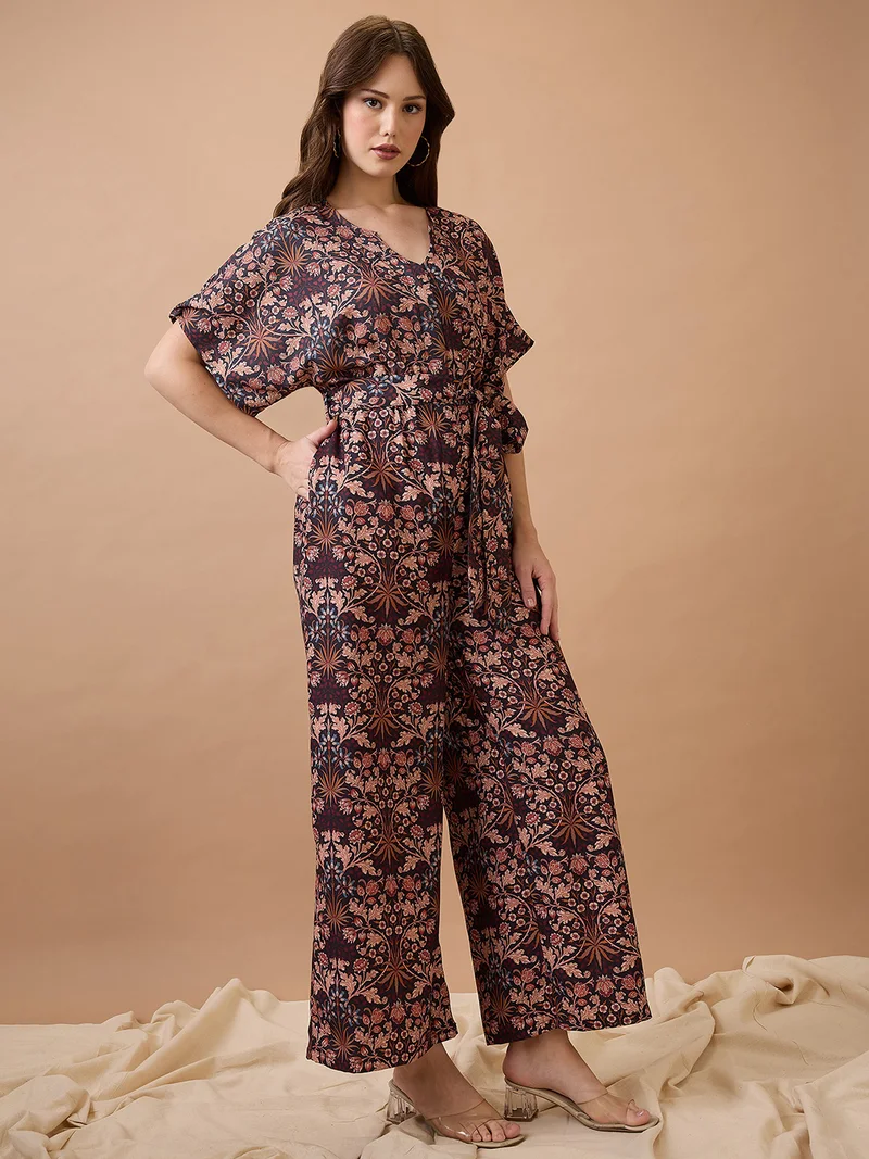 globus Women Floral Print With V Cut Kimono Sleeves Waist Tie-Up Longline Fusion Jumpsuit