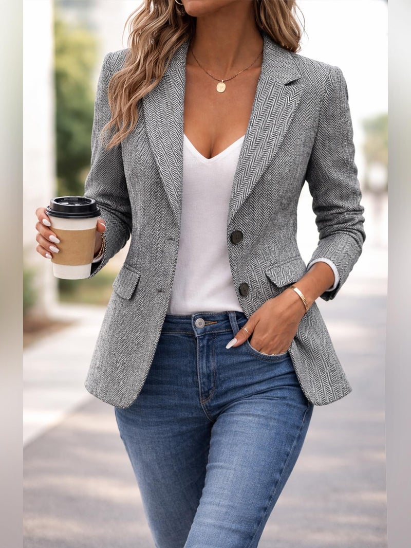 Mina Self Herringbone Blazer Women 2025 Fall Tweed Blazers Black Business Casual Work Outfits Professional Ladies Office Trendy Dressy Womens Jacket Women's Blazers & Suit Jackets ZHB014 Black S - Image 5
