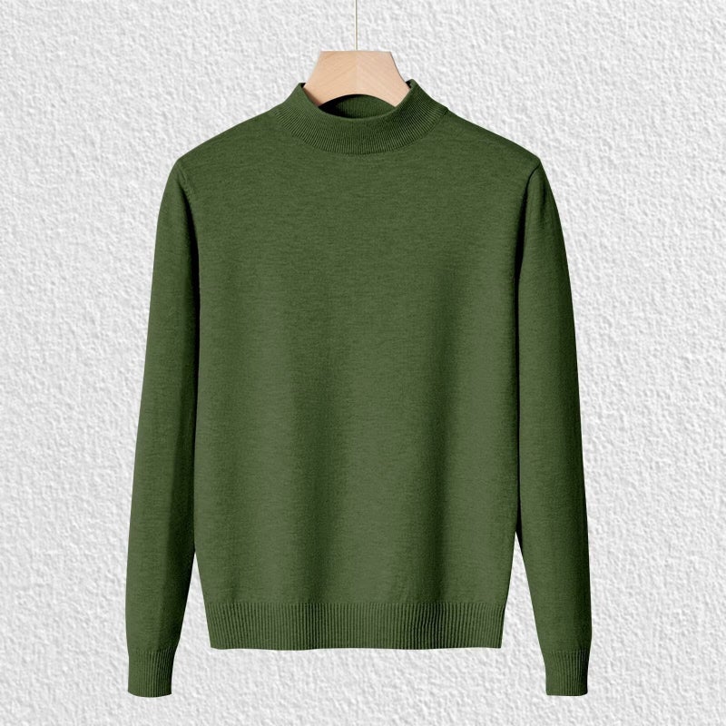 Half-turtleneck Sweater Mens Trendy Brand Casual Inner Warm Knitted Sweater for Autumn and Winter All-match Long-sleeved Solid Color Top Olive - Image 1