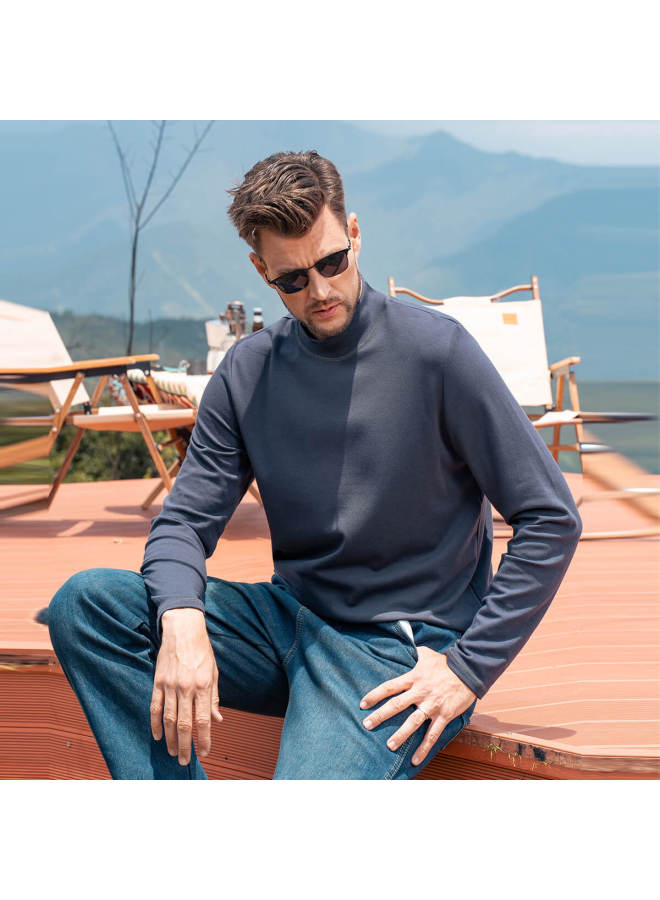 【modal Cotton】رجالي نصف طوق جزيرة طويل الأكمام تي شيرت - 2025 ربيع/خريف لون صلب وسط الرقبة تي شيرت رجالي - Image 4