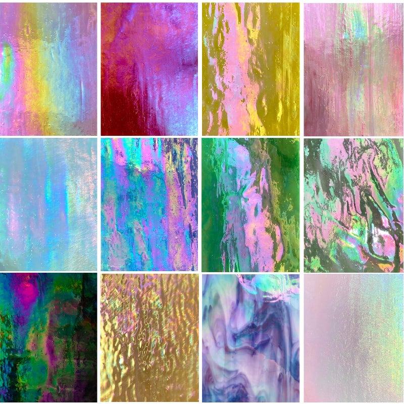 PALJOLLY 12 Sheets High Shine Iridescent Stained Glass Sheet Variety Pack 4 x 6inch Iridized Art Glass Mosaic Tiles for Crafts Stained Glass Supplies for Glass Projects and Mosaic Work