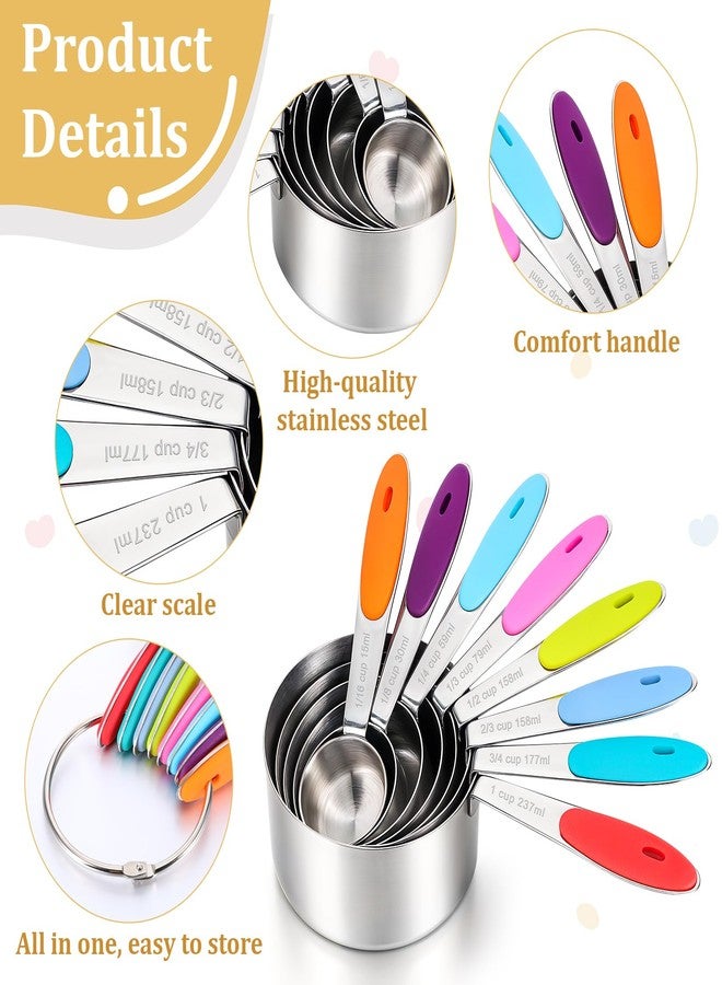 Exclaith 8 PCS Stainless Steel Measuring Cup Set, with Storage Ring, Non-Slip, Stackable, Kitchen Measuring Gadget tool for Cooking Baking, Measure Dry/Wet Ingredients and Liquid, Multicolor, Dishwasher Safe - Image 3