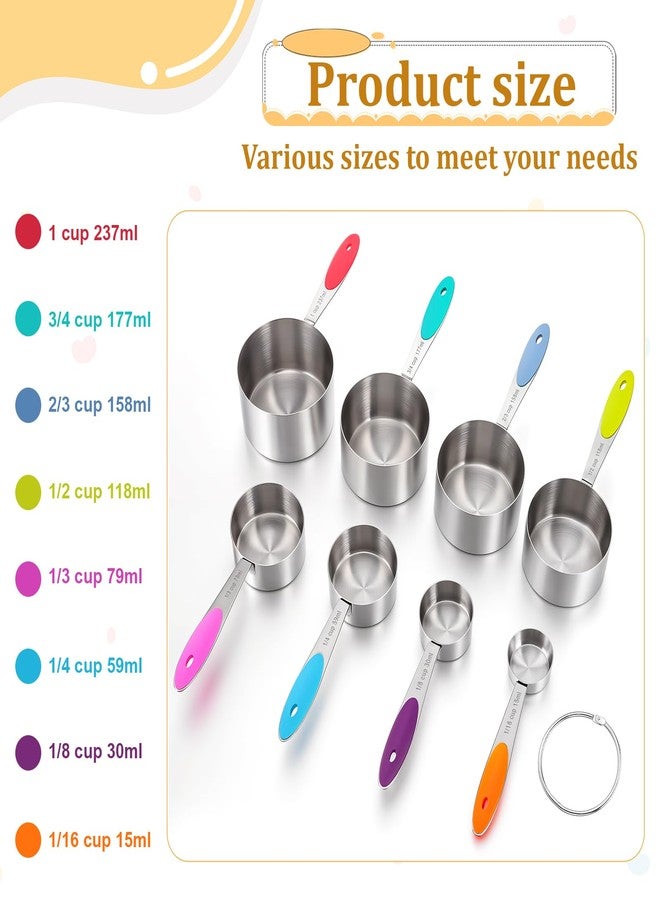 Exclaith 8 PCS Stainless Steel Measuring Cup Set, with Storage Ring, Non-Slip, Stackable, Kitchen Measuring Gadget tool for Cooking Baking, Measure Dry/Wet Ingredients and Liquid, Multicolor, Dishwasher Safe - Image 2