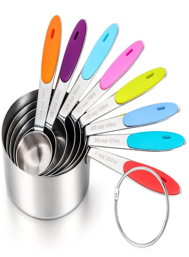 Exclaith 8 PCS Stainless Steel Measuring Cup Set, with Storage Ring, Non-Slip, Stackable, Kitchen Measuring Gadget tool for Cooking Baking, Measure Dry/Wet Ingredients and Liquid, Multicolor, Dishwasher Safe - Image 1