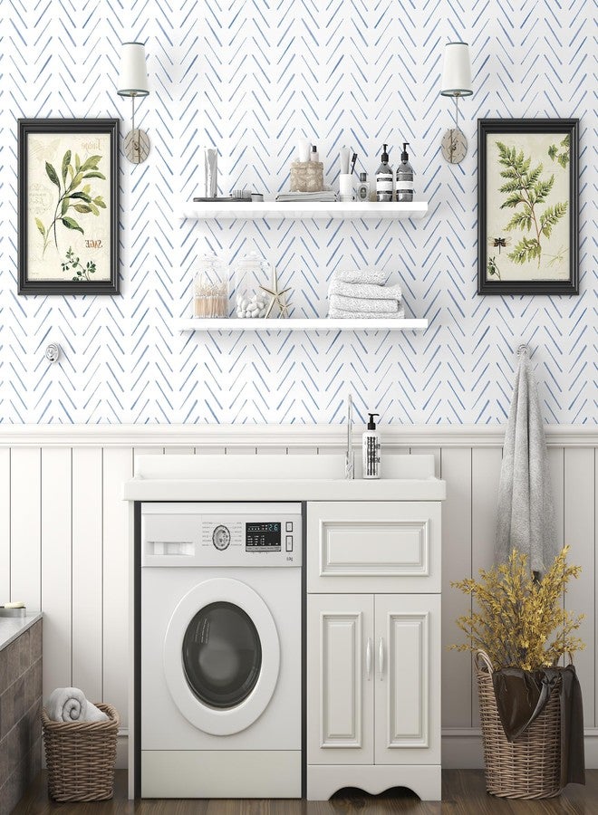 PeonyQueen Peel and Stick Wallpaper Herringbone Striped Wallpaper 17.3"x78.8" White and Blue Wallpaper Boho Contact Paper Self Adhesive Removable Wallpaper Decorative for Bedroom Bathroom Cabinets Vinyl Roll - Image 5