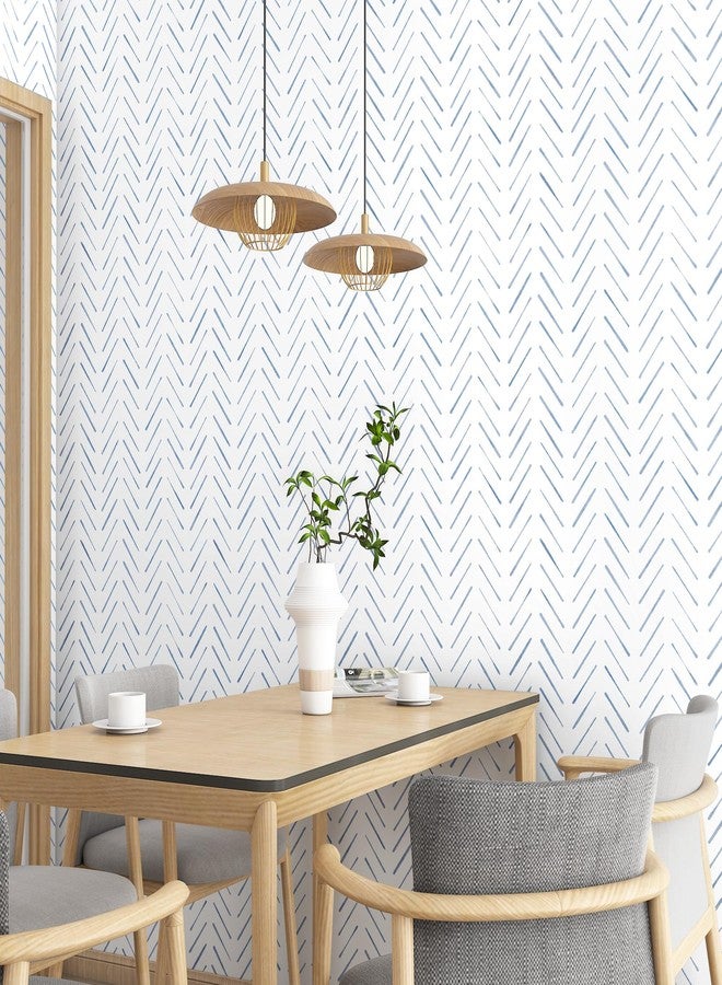 PeonyQueen Peel and Stick Wallpaper Herringbone Striped Wallpaper 17.3"x78.8" White and Blue Wallpaper Boho Contact Paper Self Adhesive Removable Wallpaper Decorative for Bedroom Bathroom Cabinets Vinyl Roll - Image 4