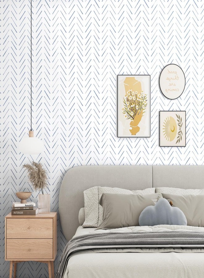 PeonyQueen Peel and Stick Wallpaper Herringbone Striped Wallpaper 17.3"x78.8" White and Blue Wallpaper Boho Contact Paper Self Adhesive Removable Wallpaper Decorative for Bedroom Bathroom Cabinets Vinyl Roll - Image 2