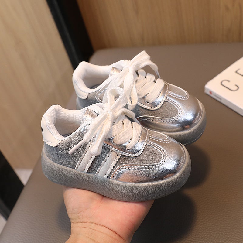 Kids Fashion Sneakers 2024 Autumn Soft Sole Casual Shoes Silver 