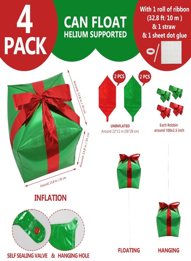Deermon Red Green Square Cube Present Shaped Balloons, Jumbo 4D Christmas Mylar Foil Gift Box Balloon With Silver Ribbon For Xmas Baby Shower Birthday Weeding New Year Party Decoration Supplies - Image 5