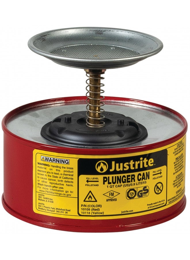 Justrite Justrite - 10108 1 Quart Red Galvanized Steel Safety Plunger Can with 5" Dasher Plate and BrassRyton Plunger Assembly (for Flammables)  - Image 1