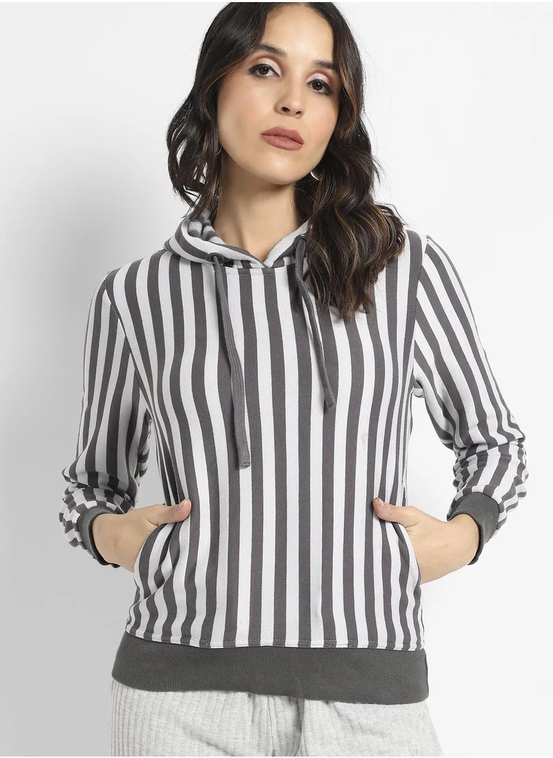 Campus Sutra Candy Striped Hoodie With Ribbed Hem