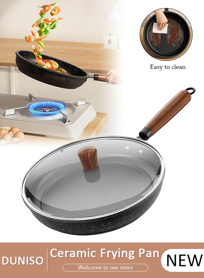 DUNISO Ceramic Lightweight Frying Pan Skillet Thickened Bottom,28cm Healthy Non-Stick 0 Fluorine Washable Coating Pans with Heat-Resistant Hanging Handle Thickened Glass Lid,Durable Wear and High Temperature Resistance Omelette Pan Compatible with All Stovetops,Ideal Frying, Cooking, Sauteing - Image 1