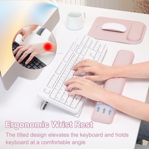MOSISO Computer Keyboard StandWrist Rest Support for Keyboard Mouse Pad Set Ergonomic Massage Wrist Rest Set Easy Typing Working Acrylic Clear Stand for Office Home Pink - Image 3
