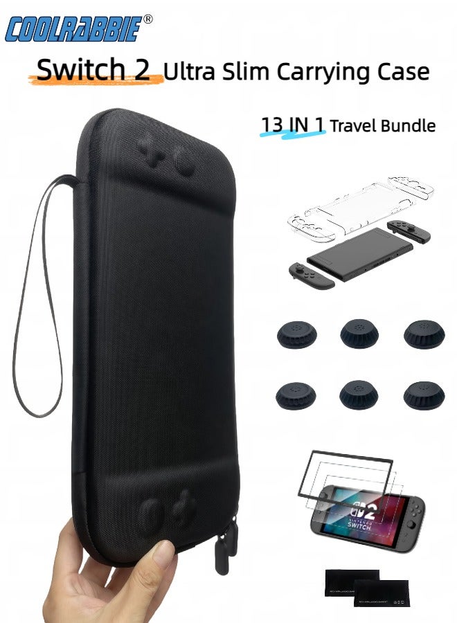 CoolRabbie Switch 2 Slim Case 13 In 1 Bundle, Accessories Kit For Nintendo Switch 2：Slim Travel Storage Carrying Case With Switch 2 Crystal Cover Kit,6 Thumb Grips,2 HD Tempered Glass Screen Protectors With Alignment Frame,2 Cleaning Tools - Image 1