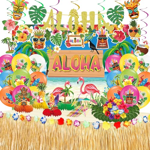 DMIGHT 101PCS Hawaiian Themed Party Decorations Set Tropical Beach Aloha Summer Party Supplies Including Backdrop Table Skirt Honeycomb Centerpieces Balloons for Luau Tiki Birthday Party - Image 1