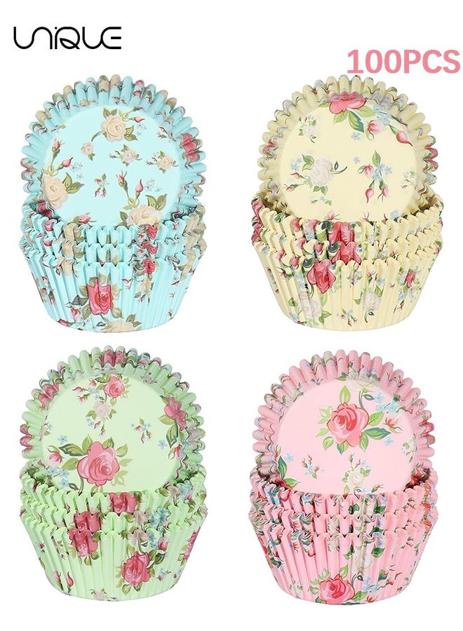 Unique 100Pcs Floral Cupcake Liners - 4 Colors - Disposable Paper Cupcake Liners - Food Grade Baking Cups - Suitable for Baking, Desserts, Pastries, Weddings, Birthdays, Party Supplies - 7 x 5 x 3 cm - Image 1
