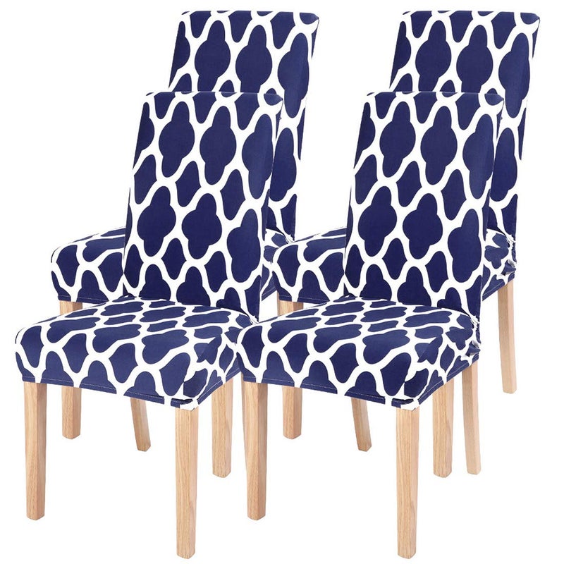 SearchI Dining Room Chair Covers Set of 4 Spandex Stretch Kitchen Chair Slipcovers Removable Washable Moroccan Geometric Parsons Chair Covers Protector for Dining Room Hotel Navy Blue