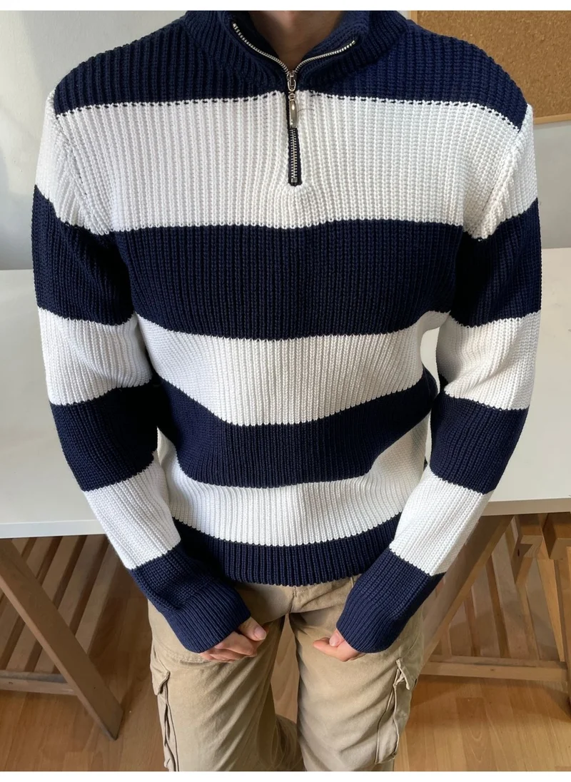 Cool Tarz Cool Style Navy Blue-White Zippered Striped Patterned Knitwear Sweater