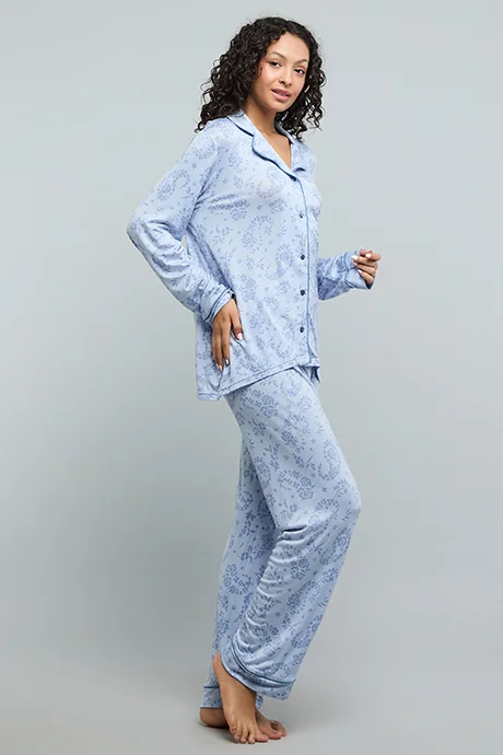 R&B Patterned Lapel Collar Pyjama Set