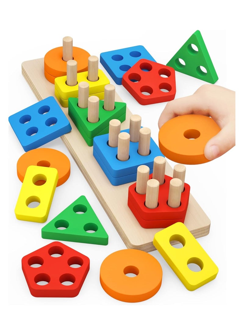 Montessori Wooden Educational Toys for Toddlers 1-3, Stacking & Sorting Blocks, Sensory & Motor Skills Development, Learning Puzzles, Birthday Gift for Boys & Girls  - Image 1