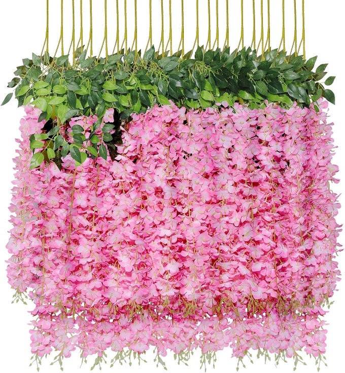 WISTERIA HANGING FLOWERS 24 PACK FAKE FLOWER GARLAND ARTIFICIAL WISTERIA VINES RATTAN SILK FLOWER STRING WEDDING PARTY WALL DECORATIONSPINK