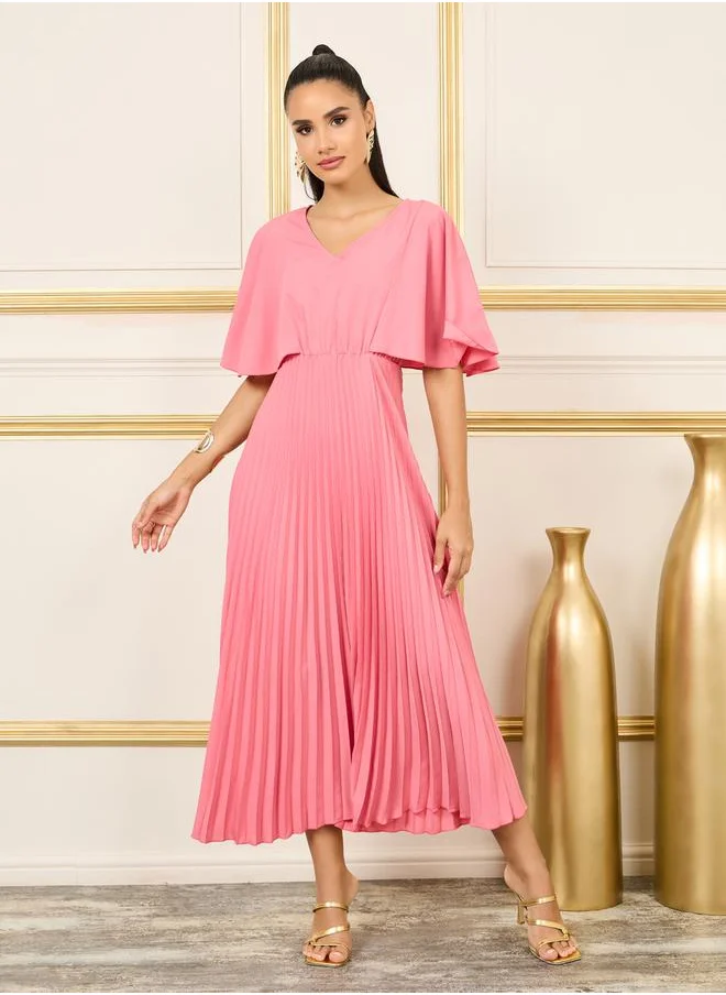 Styli Solid Angel Sleeves Pleated A-line Maxi Dress