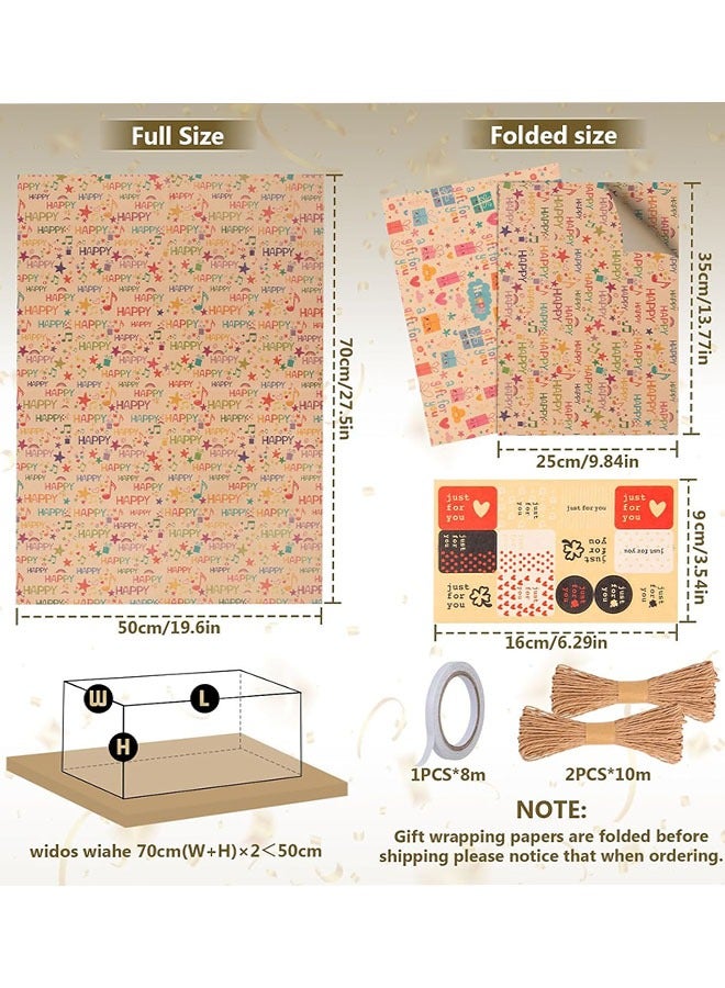 Gift Wrapping Paper, 6 Sheets Kraft Brown Gift Wrapping Paper Birthday Gift Wrapping Paper with Hemp Ropes, Sticker, Double-Sided Tape for Boy Girl Women Men (28Lx20W per Sheet) - Image 2