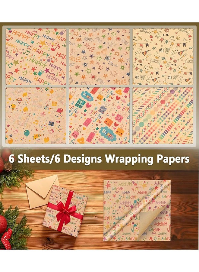 Gift Wrapping Paper, 6 Sheets Kraft Brown Gift Wrapping Paper Birthday Gift Wrapping Paper with Hemp Ropes, Sticker, Double-Sided Tape for Boy Girl Women Men (28Lx20W per Sheet) - Image 3