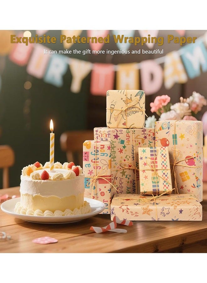 Gift Wrapping Paper, 6 Sheets Kraft Brown Gift Wrapping Paper Birthday Gift Wrapping Paper with Hemp Ropes, Sticker, Double-Sided Tape for Boy Girl Women Men (28Lx20W per Sheet) - Image 5