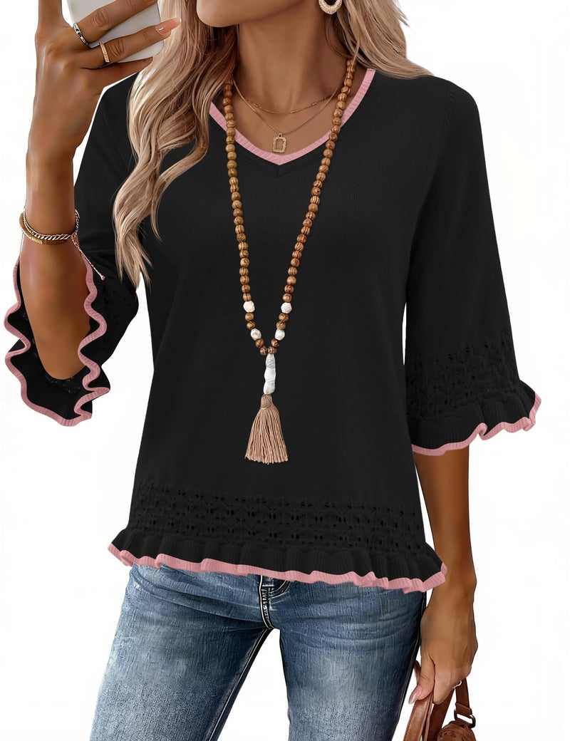 LOMON Black Tops for Women Sweater 3/4 Sleeve Cropped Tunic Sweaters Business Casual Breathable V-Neck Shirts Pink Edged S - Image 1
